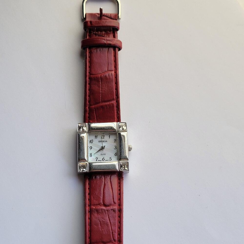 Geneva Womens Watch White Dial Silver Tone Square Case Red Faux Leather Quartz